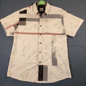De-Niko Mens Red Black Geometric Print Modal Short Sleeve Button Down Shirt XL